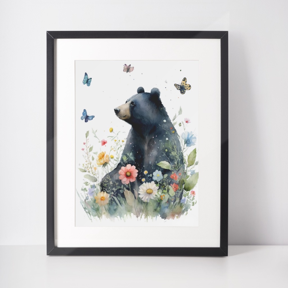 Floral Black Bear Watercolor Portrait Wall Art Illustration Print Unframed - Picture 3 of 6